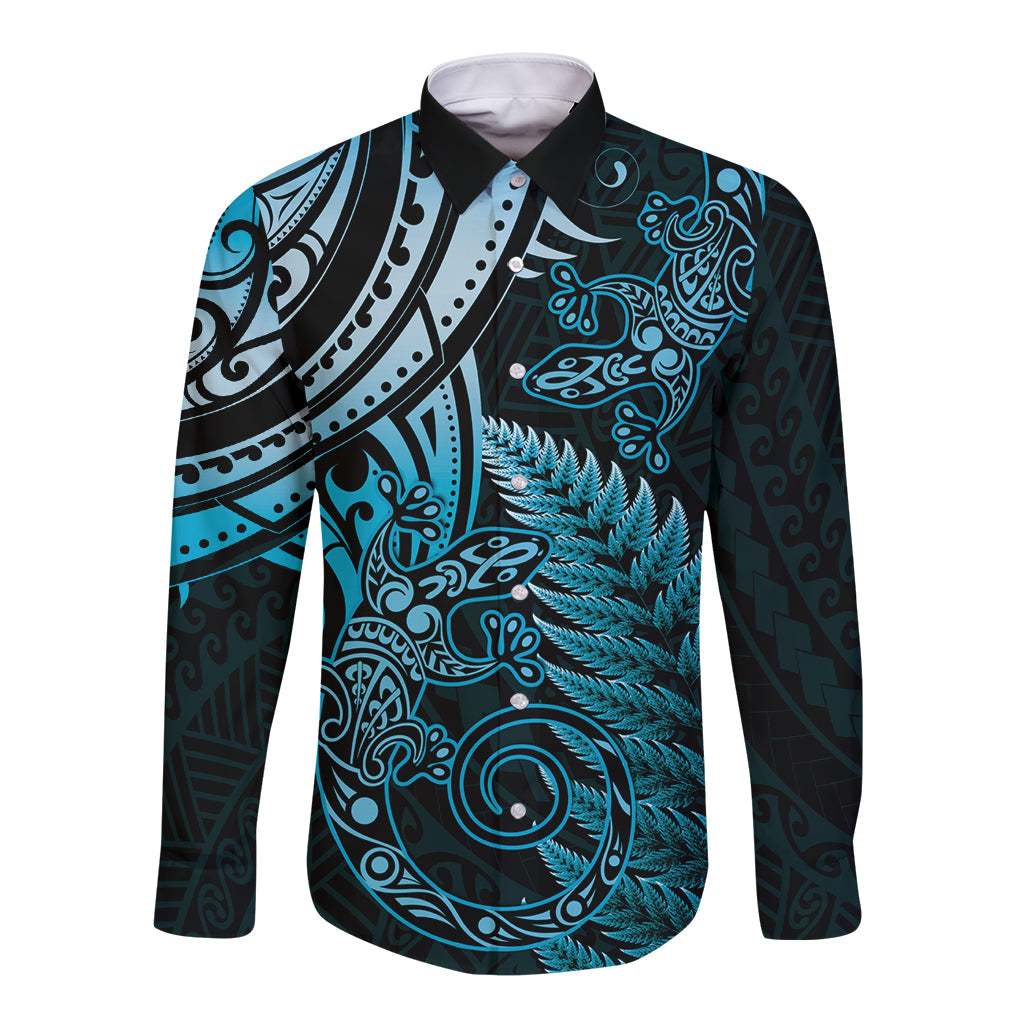 New Zealand Lizard Long Sleeve Button Shirt Silver Fern Aotearoa Maori Blue Version