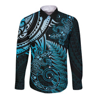 New Zealand Lizard Long Sleeve Button Shirt Silver Fern Aotearoa Maori Blue Version