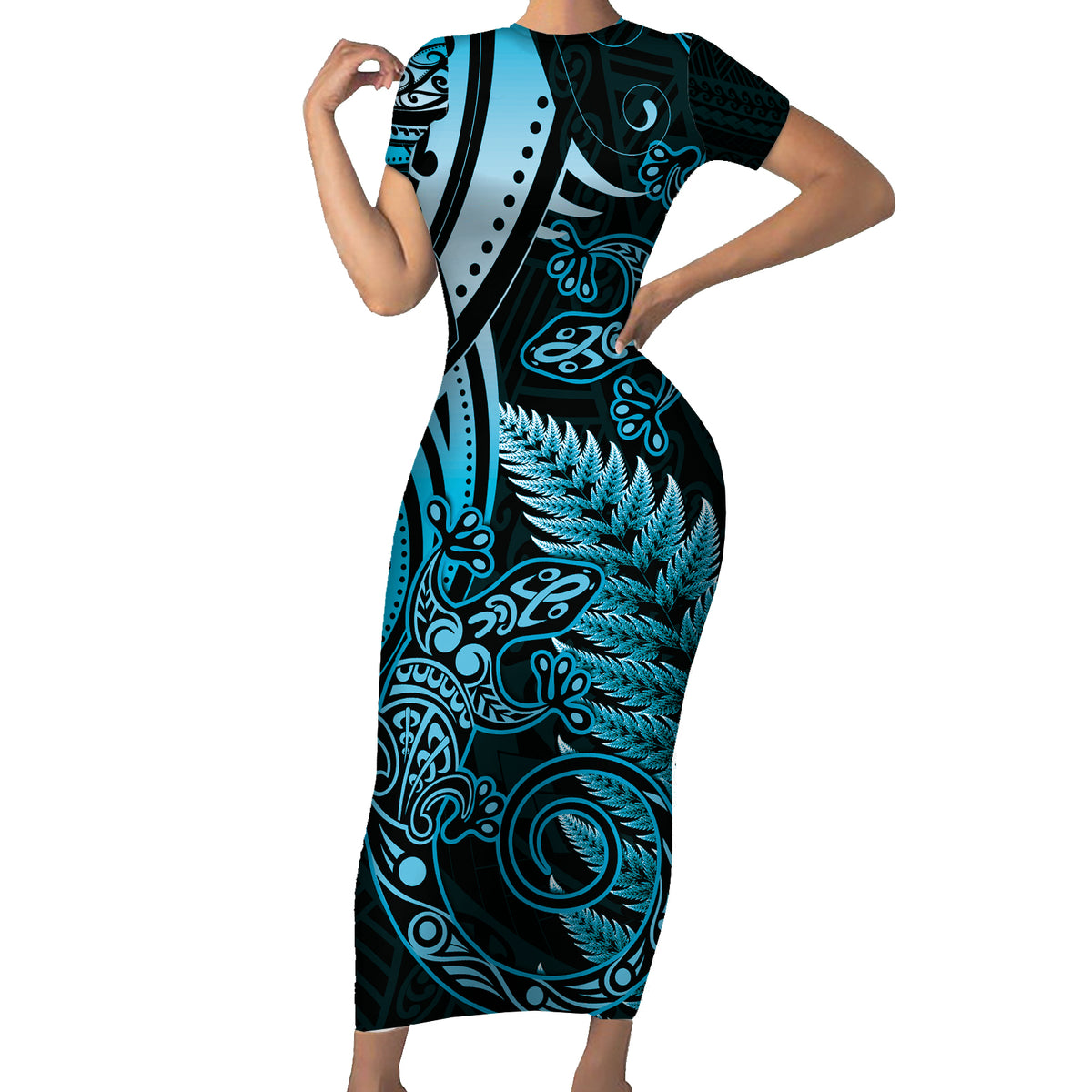 New Zealand Lizard Short Sleeve Bodycon Dress Silver Fern Aotearoa Maori Blue Version LT14 Long Dress Blue - Polynesian Pride