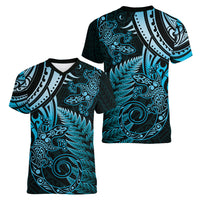 New Zealand Lizard Women V Neck T Shirt Silver Fern Aotearoa Maori Blue Version
