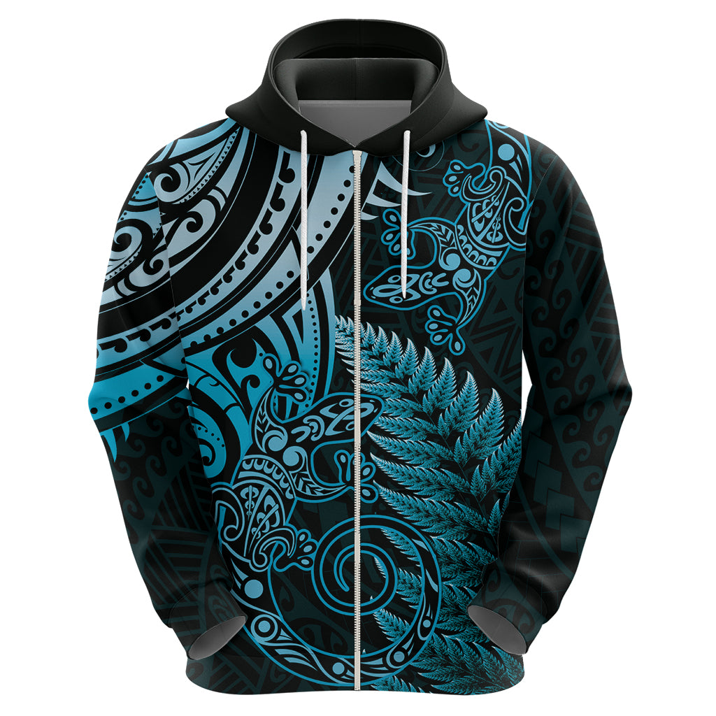 New Zealand Lizard Zip Hoodie Silver Fern Aotearoa Maori Blue Version