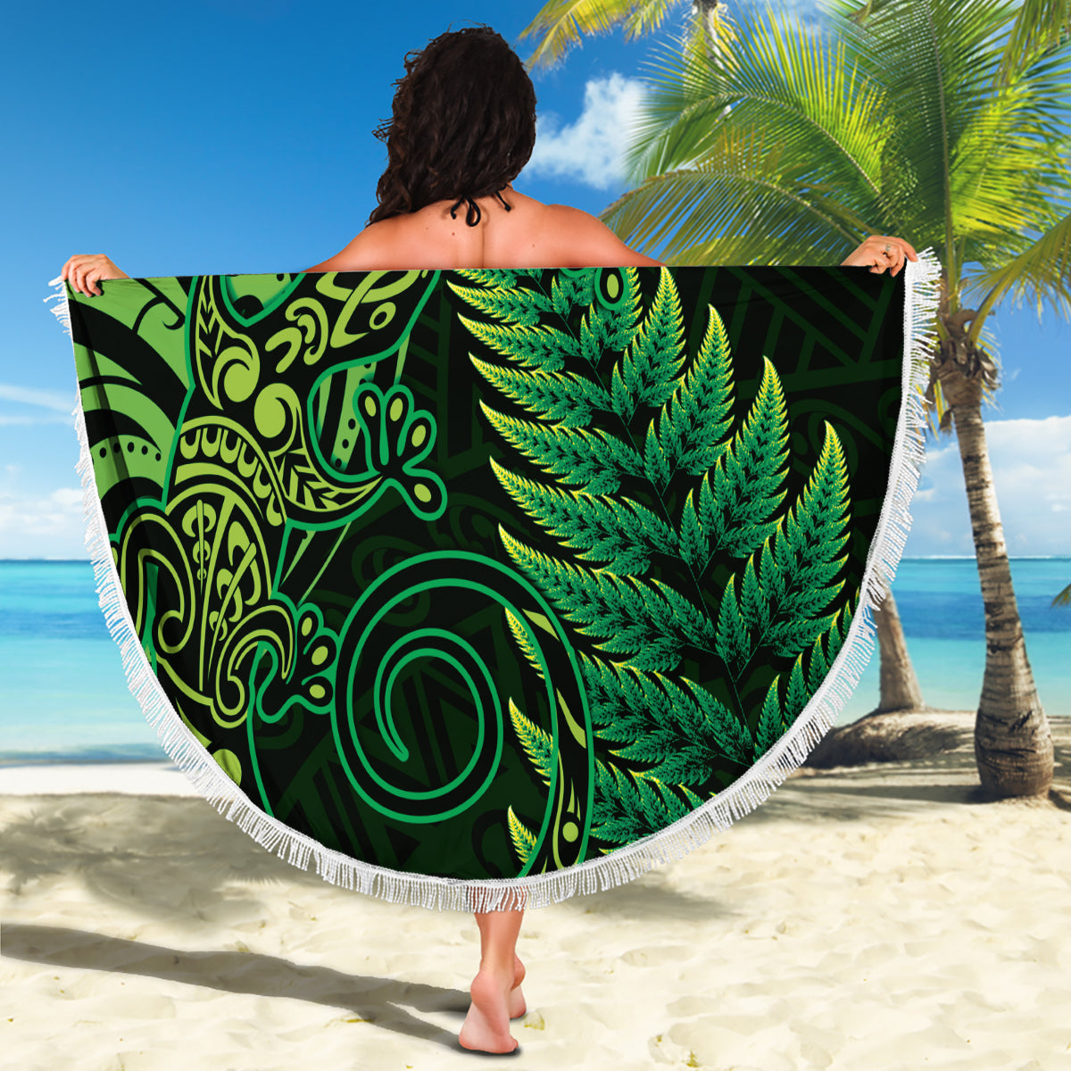 New Zealand Lizard Beach Blanket Silver Fern Aotearoa Maori Green Version