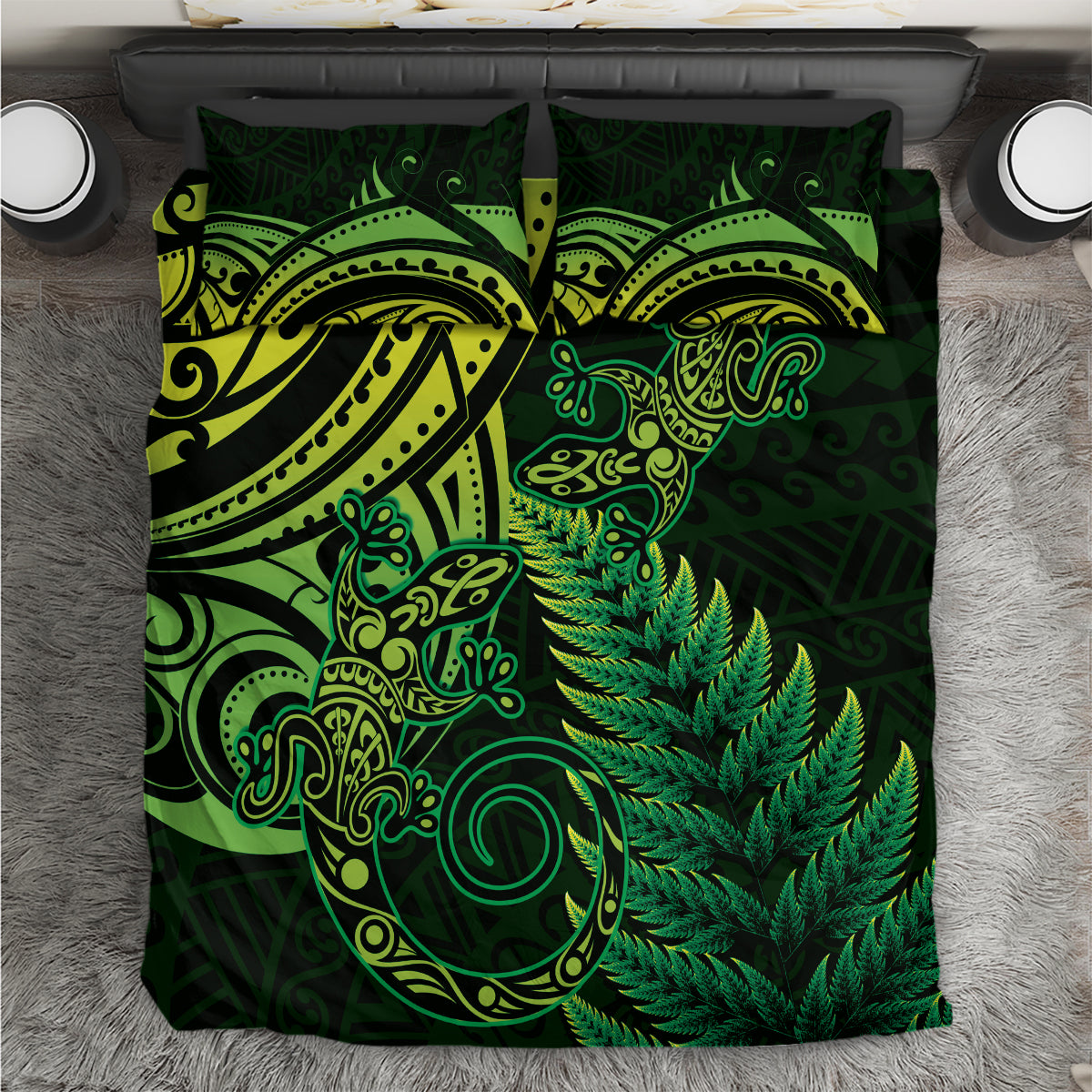 New Zealand Lizard Bedding Set Silver Fern Aotearoa Maori Green Version