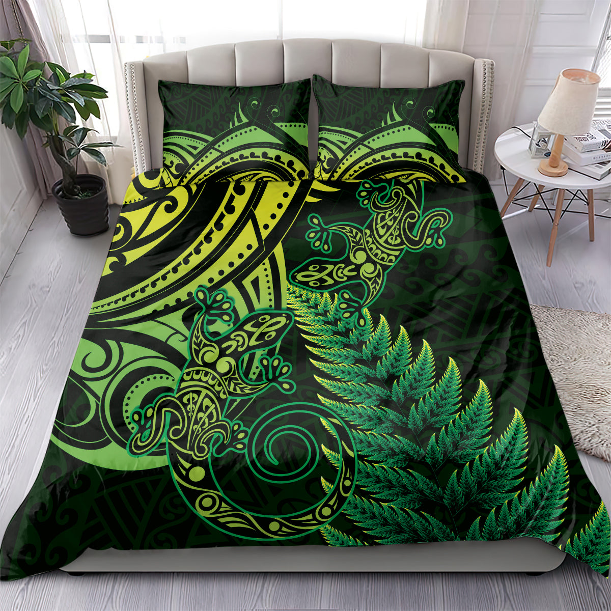 New Zealand Lizard Bedding Set Silver Fern Aotearoa Maori Green Version
