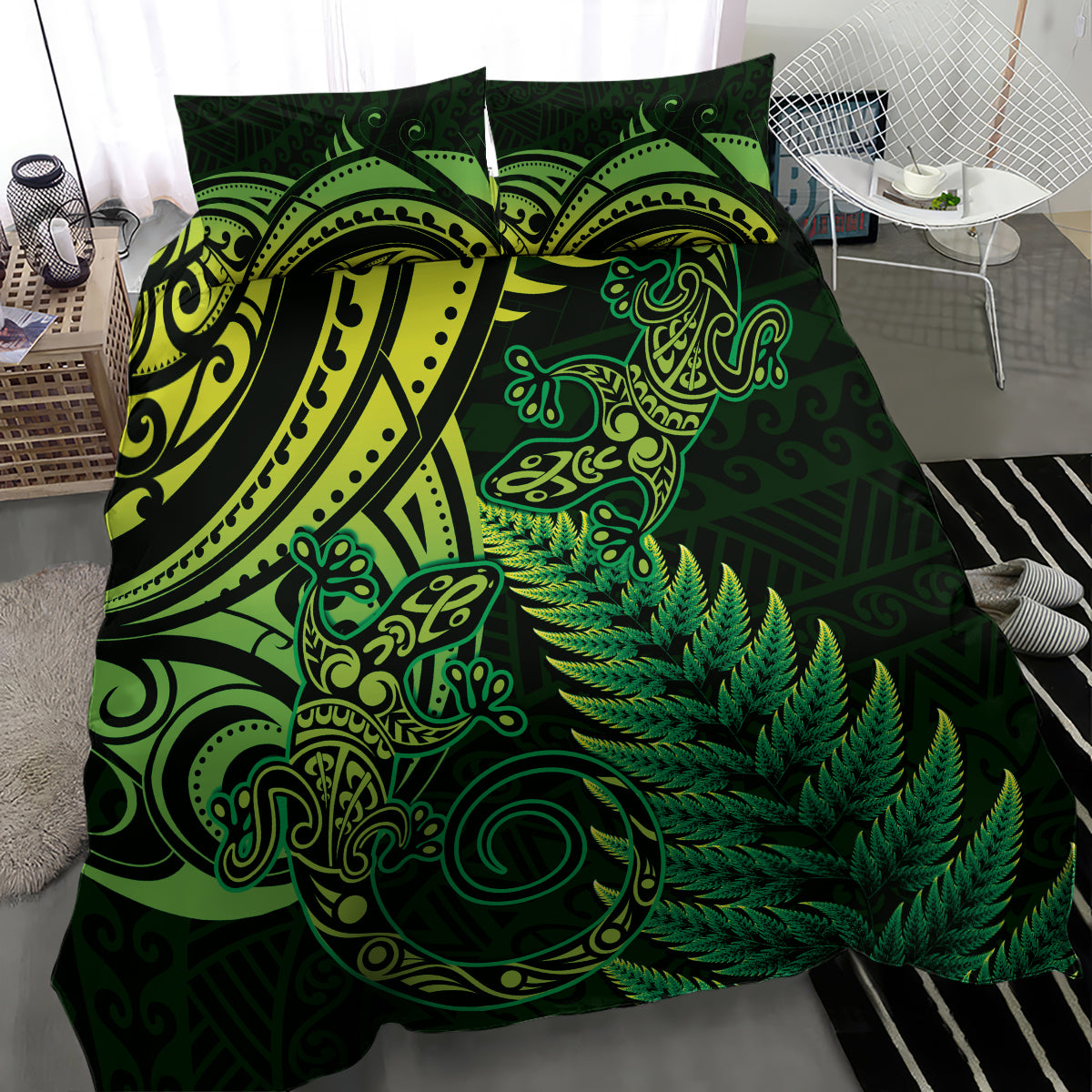 New Zealand Lizard Bedding Set Silver Fern Aotearoa Maori Green Version