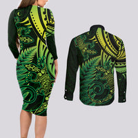 New Zealand Lizard Couples Matching Long Sleeve Bodycon Dress and Long Sleeve Button Shirt Silver Fern Aotearoa Maori Green Version