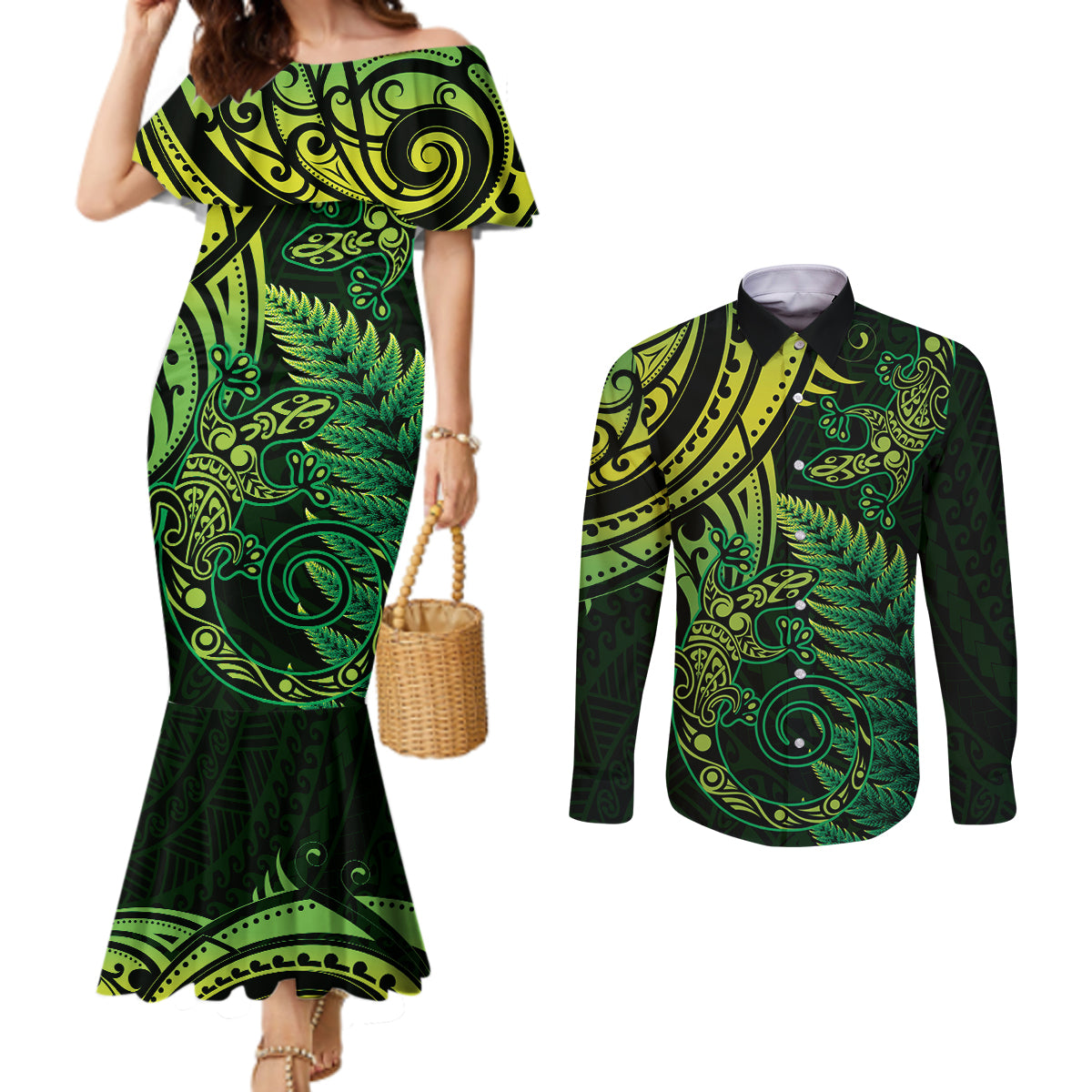 New Zealand Lizard Couples Matching Mermaid Dress and Long Sleeve Button Shirt Silver Fern Aotearoa Maori Green Version