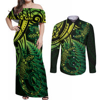 New Zealand Lizard Couples Matching Off Shoulder Maxi Dress and Long Sleeve Button Shirt Silver Fern Aotearoa Maori Green Version