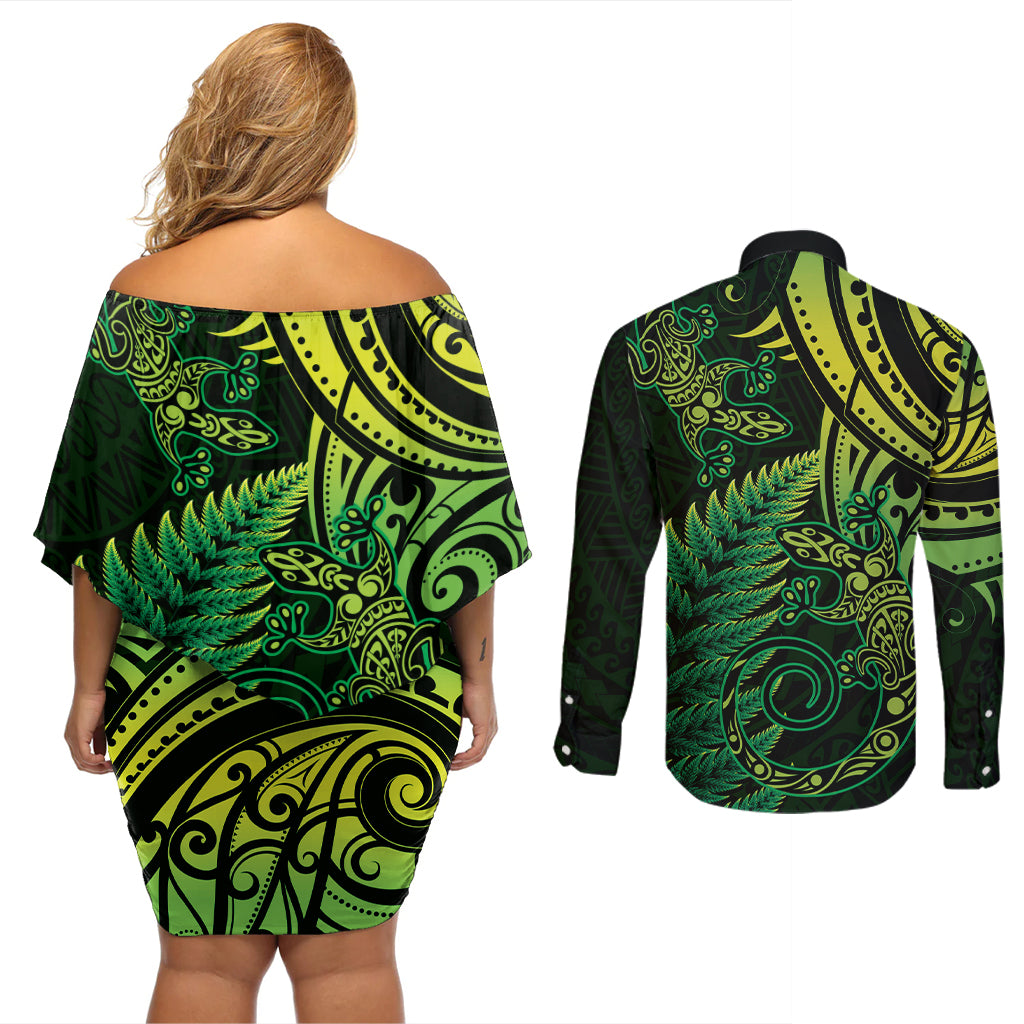 New Zealand Lizard Couples Matching Off Shoulder Short Dress and Long Sleeve Button Shirt Silver Fern Aotearoa Maori Green Version