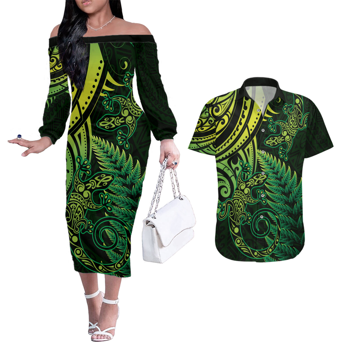 New Zealand Lizard Couples Matching Off The Shoulder Long Sleeve Dress and Hawaiian Shirt Silver Fern Aotearoa Maori Green Version