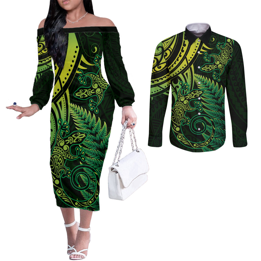 New Zealand Lizard Couples Matching Off The Shoulder Long Sleeve Dress and Long Sleeve Button Shirt Silver Fern Aotearoa Maori Green Version