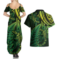 New Zealand Lizard Couples Matching Summer Maxi Dress and Hawaiian Shirt Silver Fern Aotearoa Maori Green Version