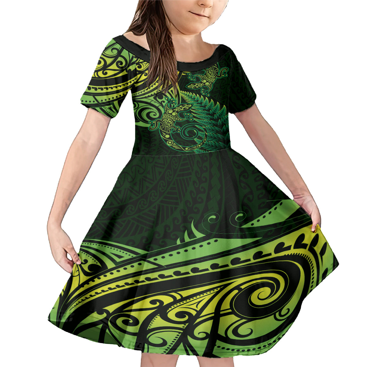 New Zealand Lizard Family Matching Mermaid Dress and Hawaiian Shirt Silver Fern Aotearoa Maori Green Version