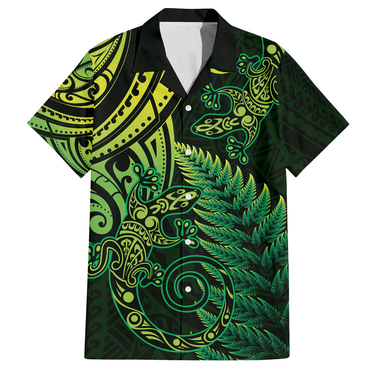 New Zealand Lizard Family Matching Off The Shoulder Long Sleeve Dress and Hawaiian Shirt Silver Fern Aotearoa Maori Green Version