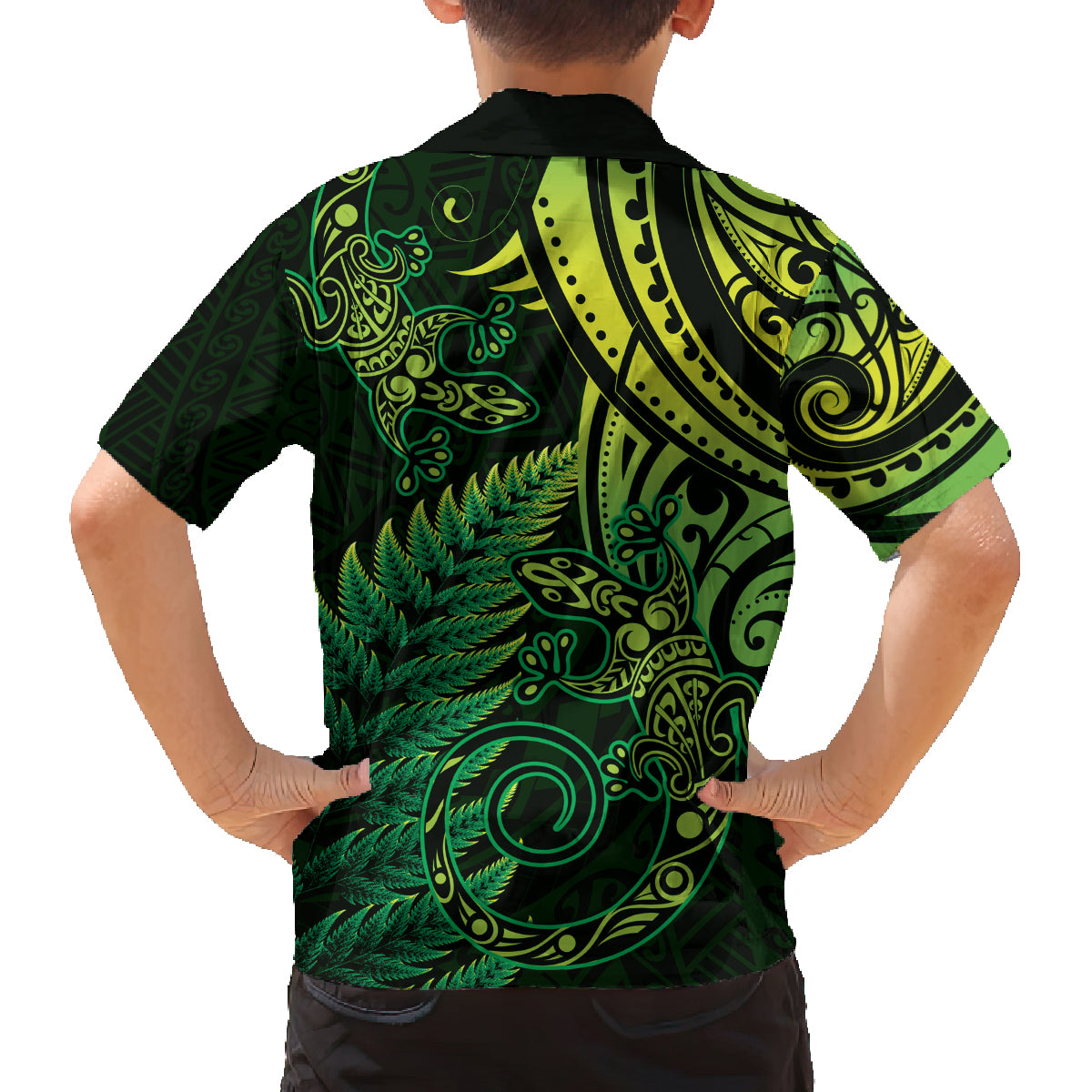New Zealand Lizard Family Matching Off Shoulder Maxi Dress and Hawaiian Shirt Silver Fern Aotearoa Maori Green Version