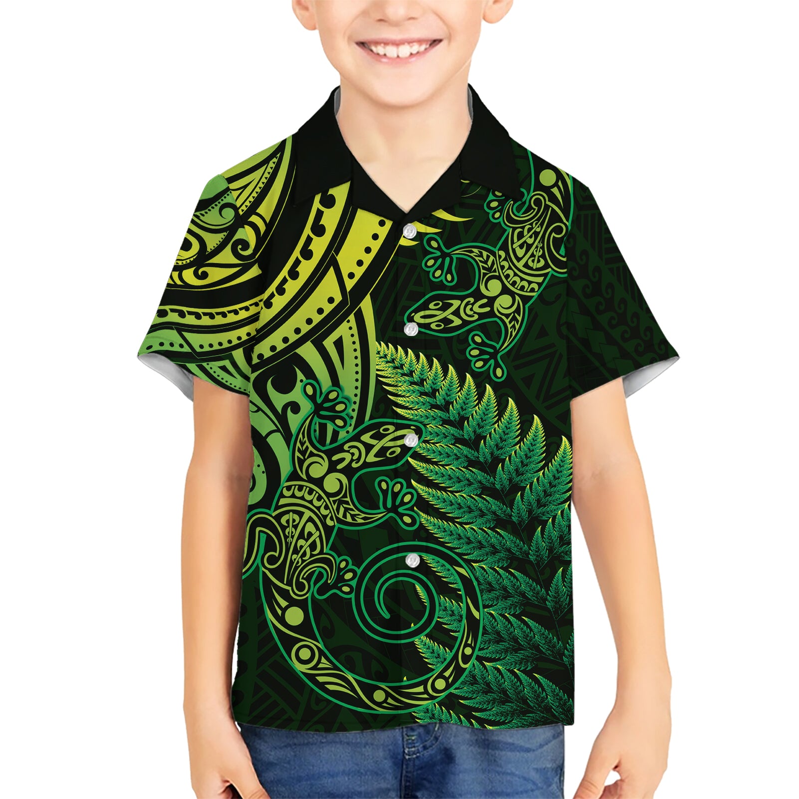 New Zealand Lizard Kid Hawaiian Shirt Silver Fern Aotearoa Maori Green Version