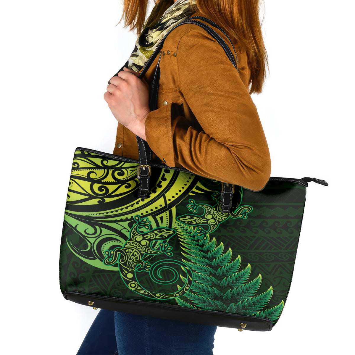 New Zealand Lizard Leather Tote Bag Silver Fern Aotearoa Maori Green Version