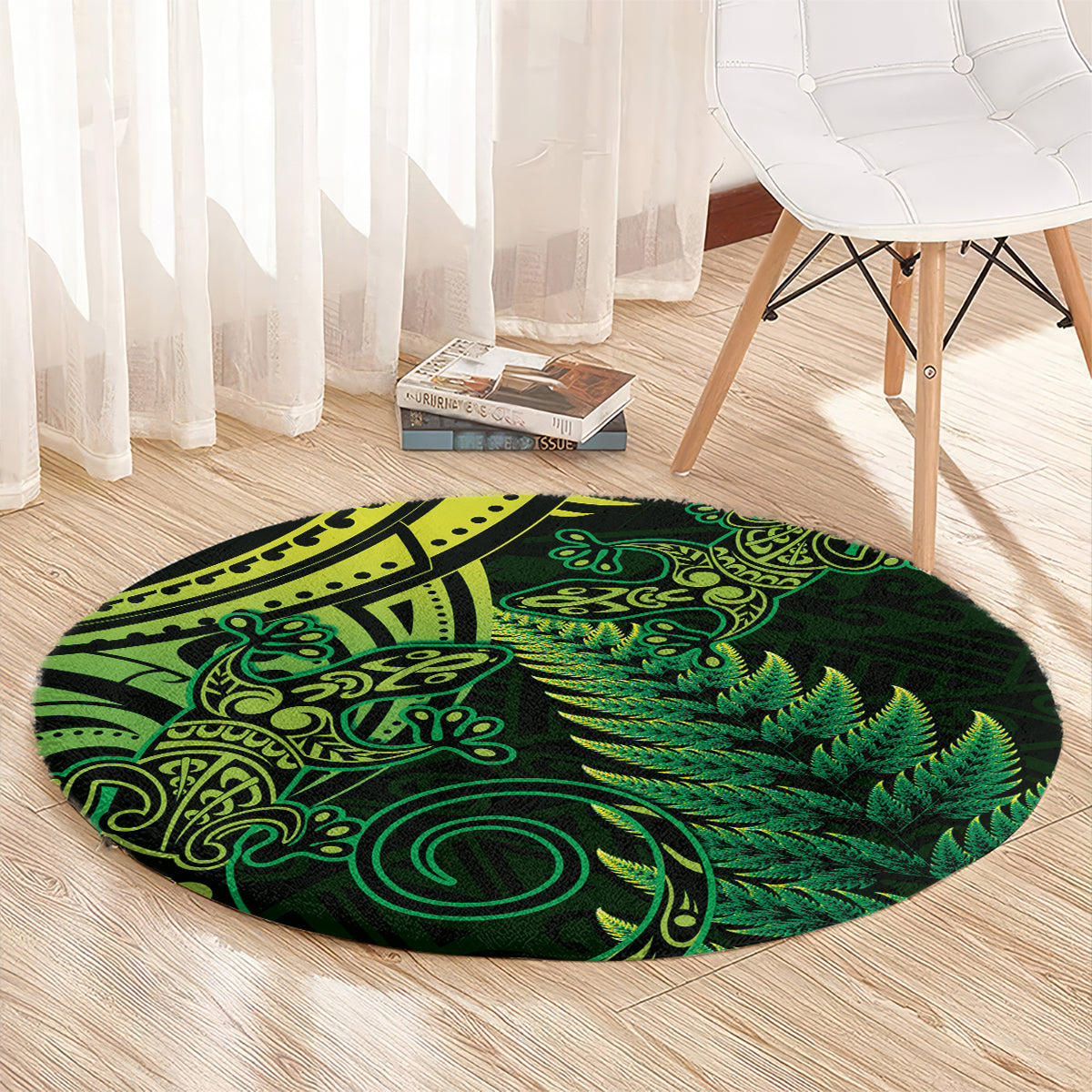 New Zealand Lizard Round Carpet Silver Fern Aotearoa Maori Green Version