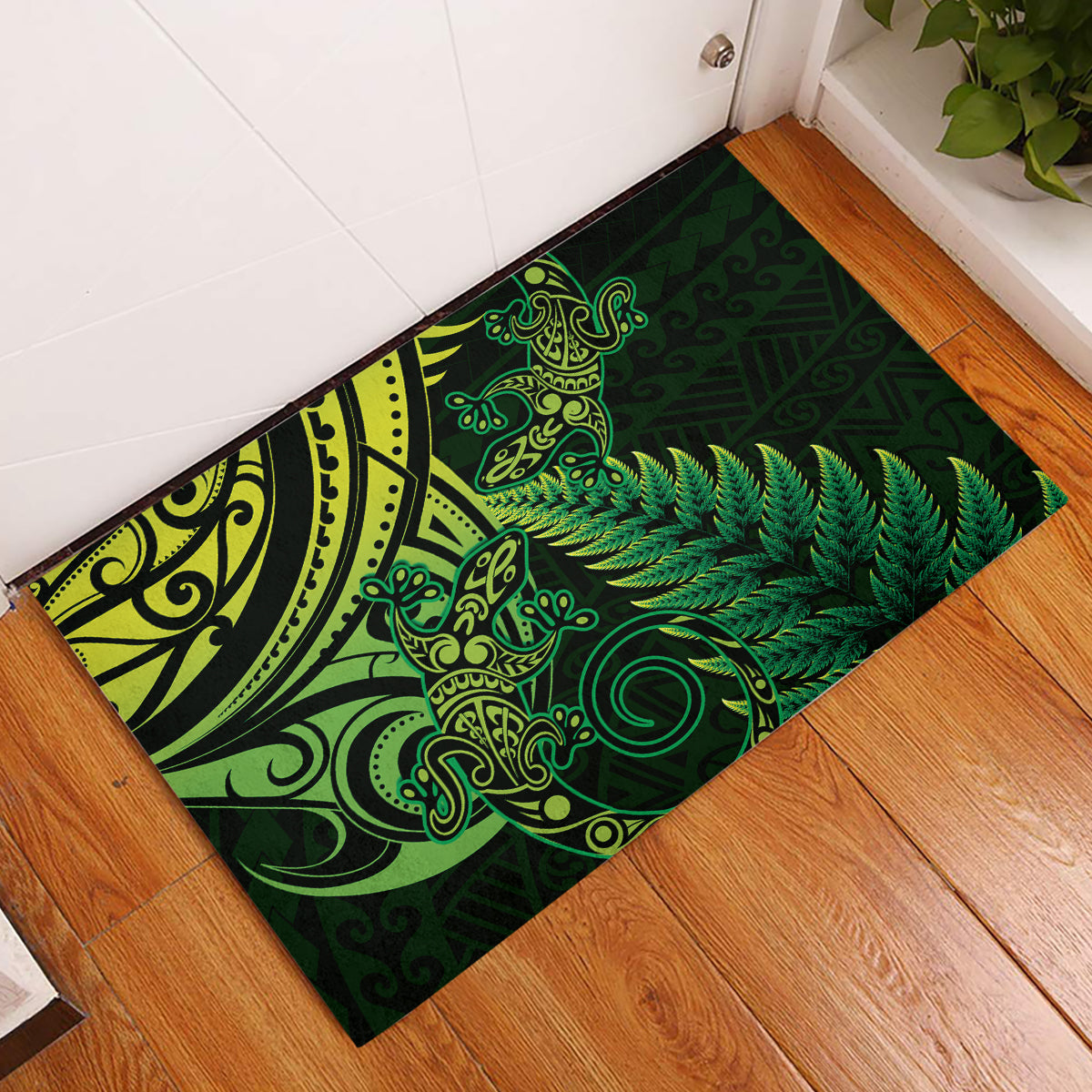 New Zealand Lizard Rubber Doormat Silver Fern Aotearoa Maori Green Version