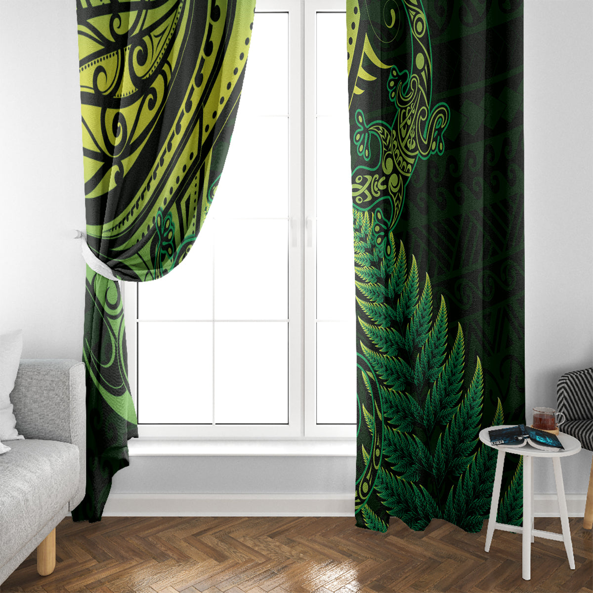 New Zealand Lizard Window Curtain Silver Fern Aotearoa Maori Green Version