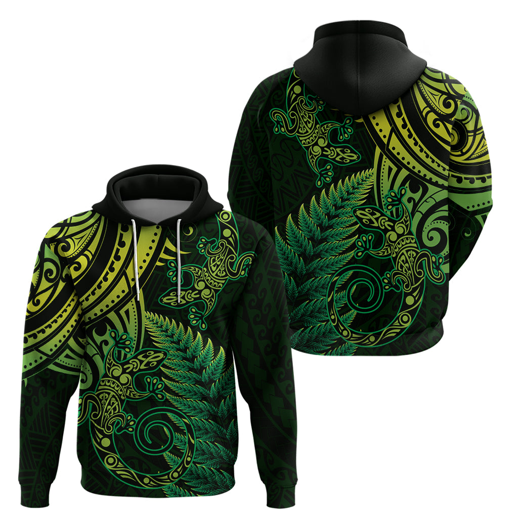 New Zealand Lizard Zip Hoodie Silver Fern Aotearoa Maori Green Version