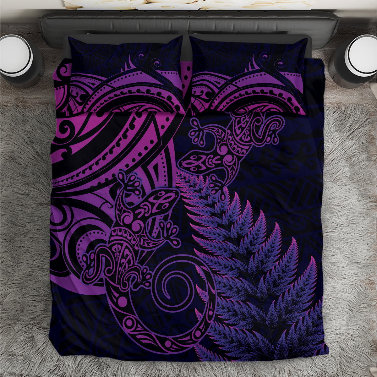 New Zealand Lizard Bedding Set Silver Fern Aotearoa Maori Purple Version