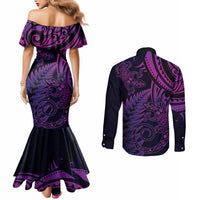 New Zealand Lizard Couples Matching Mermaid Dress and Long Sleeve Button Shirt Silver Fern Aotearoa Maori Purple Version