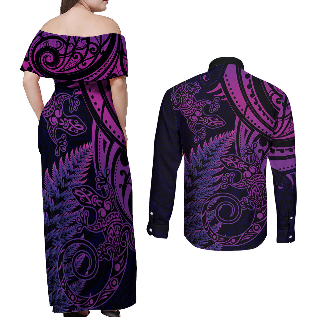 New Zealand Lizard Couples Matching Off Shoulder Maxi Dress and Long Sleeve Button Shirt Silver Fern Aotearoa Maori Purple Version