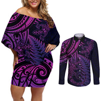 New Zealand Lizard Couples Matching Off Shoulder Short Dress and Long Sleeve Button Shirt Silver Fern Aotearoa Maori Purple Version