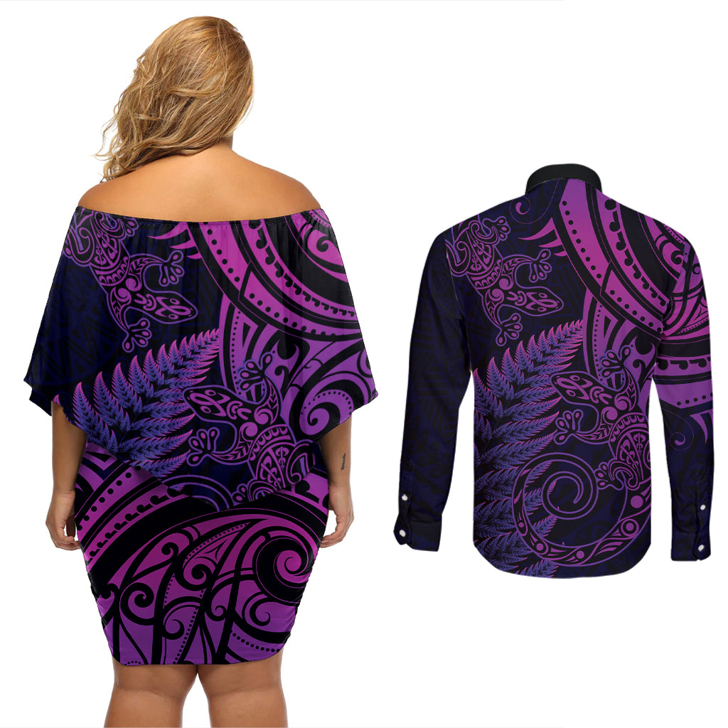 New Zealand Lizard Couples Matching Off Shoulder Short Dress and Long Sleeve Button Shirt Silver Fern Aotearoa Maori Purple Version