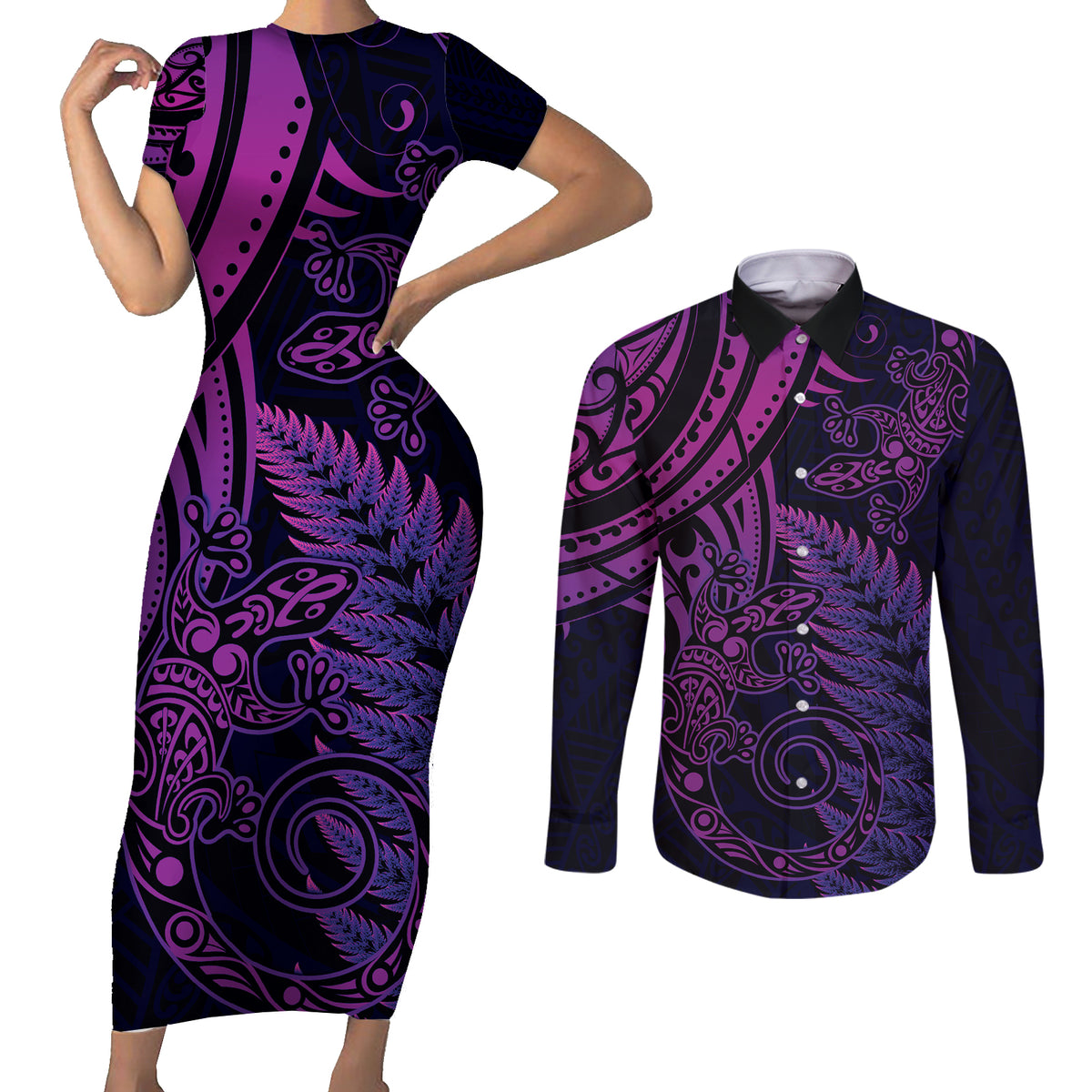 New Zealand Lizard Couples Matching Short Sleeve Bodycon Dress and Long Sleeve Button Shirt Silver Fern Aotearoa Maori Purple Version LT14 Purple - Polynesian Pride