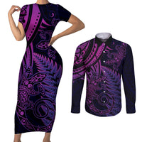 New Zealand Lizard Couples Matching Short Sleeve Bodycon Dress and Long Sleeve Button Shirt Silver Fern Aotearoa Maori Purple Version LT14 Purple - Polynesian Pride