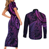 New Zealand Lizard Couples Matching Short Sleeve Bodycon Dress and Long Sleeve Button Shirt Silver Fern Aotearoa Maori Purple Version LT14 - Polynesian Pride