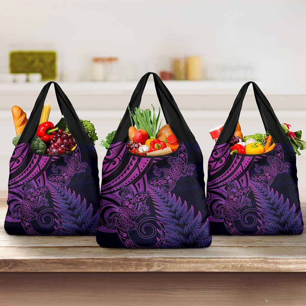 New Zealand Lizard Grocery Bag Silver Fern Aotearoa Maori Purple Version