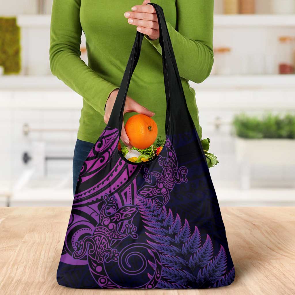 New Zealand Lizard Grocery Bag Silver Fern Aotearoa Maori Purple Version