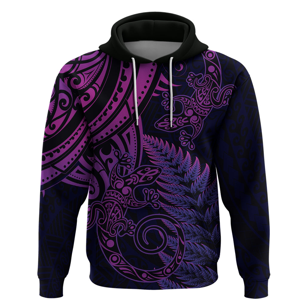 New Zealand Lizard Hoodie Silver Fern Aotearoa Maori Purple Version