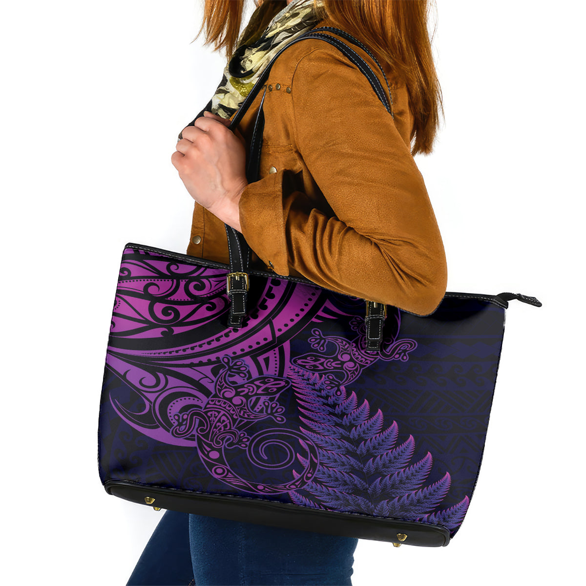 New Zealand Lizard Leather Tote Bag Silver Fern Aotearoa Maori Purple Version