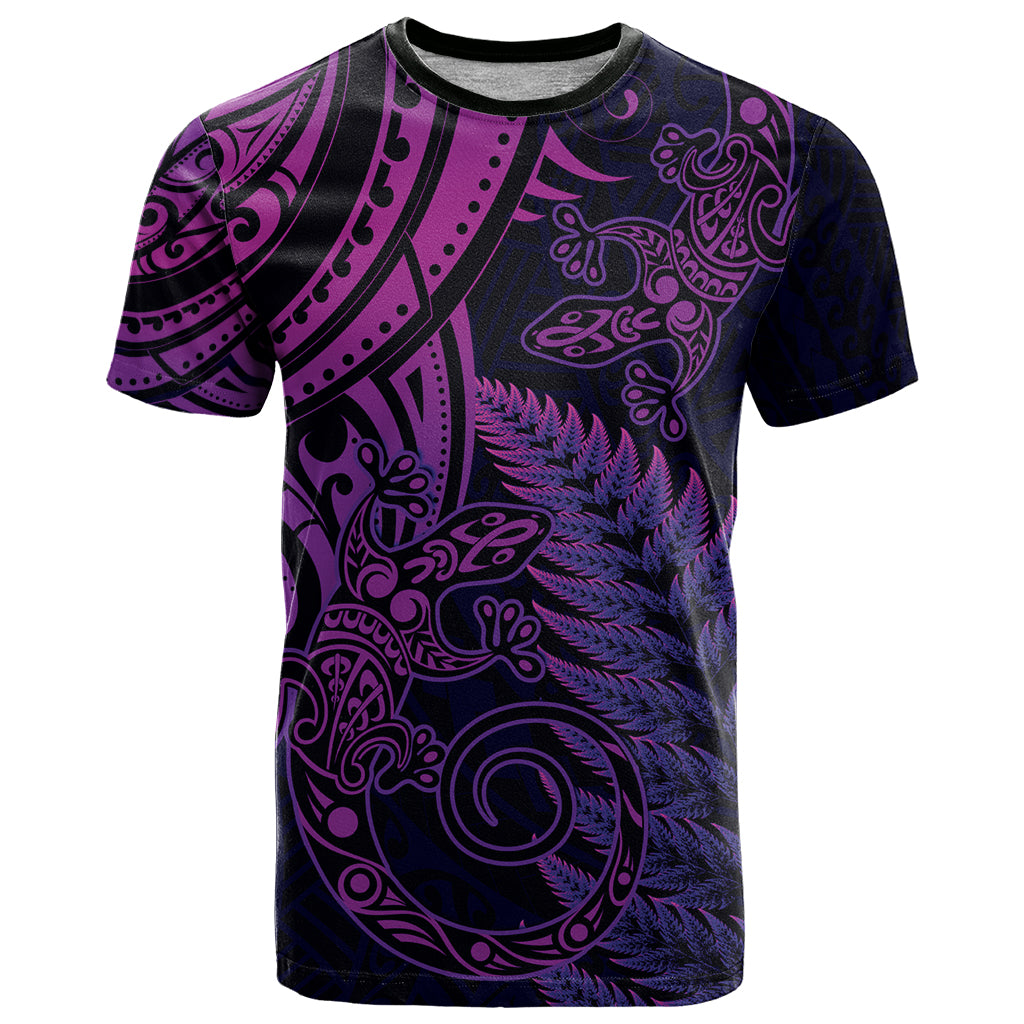 New Zealand Lizard T Shirt Silver Fern Aotearoa Maori Purple Version
