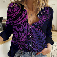 New Zealand Lizard Women Casual Shirt Silver Fern Aotearoa Maori Purple Version