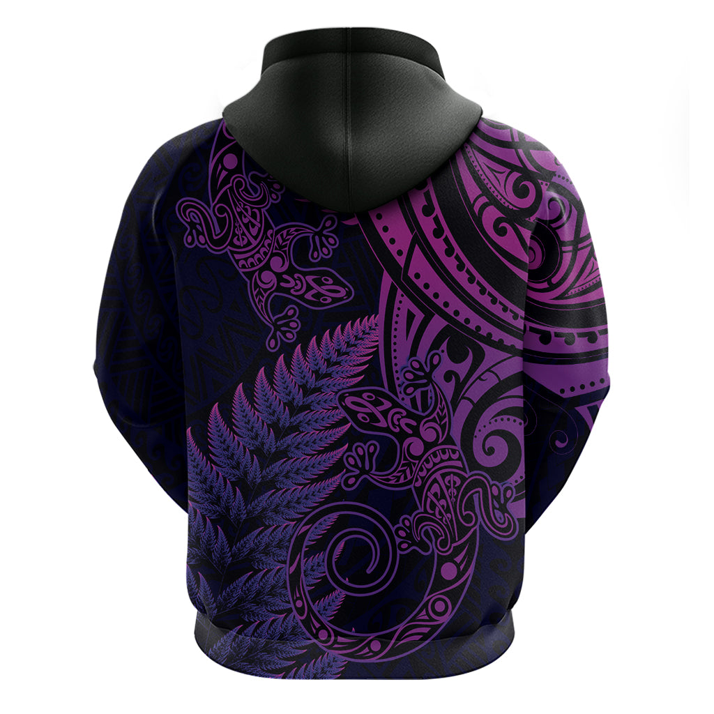 New Zealand Lizard Zip Hoodie Silver Fern Aotearoa Maori Purple Version