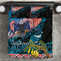 Personalised United States And New Zealand Bedding Set USA Eagle With Kowhai Aotearoa Tui Bird