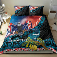 Personalised United States And New Zealand Bedding Set USA Eagle With Kowhai Aotearoa Tui Bird