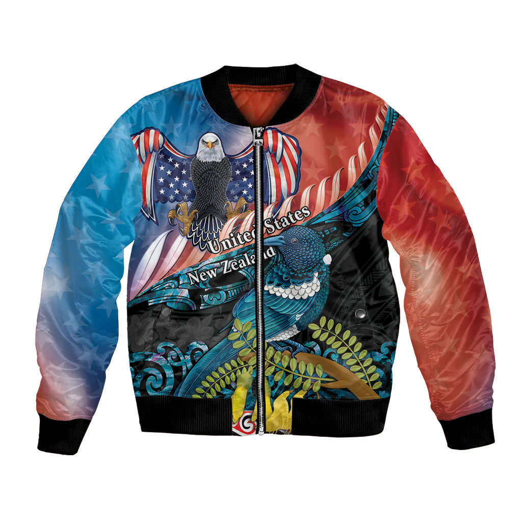Personalised United States And New Zealand Bomber Jacket USA Eagle With Kowhai Aotearoa Tui Bird LT14 Unisex Blue - Polynesian Pride