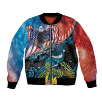 Personalised United States And New Zealand Bomber Jacket USA Eagle With Kowhai Aotearoa Tui Bird LT14 Unisex Blue - Polynesian Pride