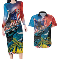 Personalised United States And New Zealand Couples Matching Long Sleeve Bodycon Dress and Hawaiian Shirt USA Eagle With Kowhai Aotearoa Tui Bird LT14 Blue - Polynesian Pride