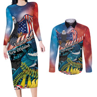 Personalised United States And New Zealand Couples Matching Long Sleeve Bodycon Dress and Long Sleeve Button Shirt USA Eagle With Kowhai Aotearoa Tui Bird LT14 Blue - Polynesian Pride