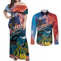 Personalised United States And New Zealand Couples Matching Off Shoulder Maxi Dress and Long Sleeve Button Shirt USA Eagle With Kowhai Aotearoa Tui Bird LT14 Blue - Polynesian Pride