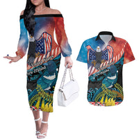 Personalised United States And New Zealand Couples Matching Off The Shoulder Long Sleeve Dress and Hawaiian Shirt USA Eagle With Kowhai Aotearoa Tui Bird