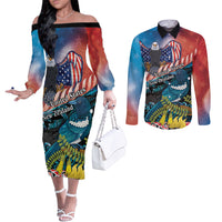 Personalised United States And New Zealand Couples Matching Off The Shoulder Long Sleeve Dress and Long Sleeve Button Shirt USA Eagle With Kowhai Aotearoa Tui Bird LT14 Blue - Polynesian Pride