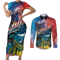 Personalised United States And New Zealand Couples Matching Short Sleeve Bodycon Dress and Long Sleeve Button Shirt USA Eagle With Kowhai Aotearoa Tui Bird LT14 Blue - Polynesian Pride